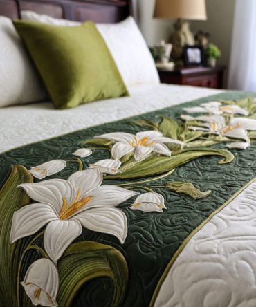 Green Haven Reverie Quilted Bed Runner — Botanical Green Bed Scarf For Fresh, Natural Bedroom Styling, Durable & Easy Care