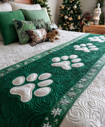 Green Pawpath Quilted Bed Runner — Lively Green Pawprint Accent Runner For Nature-Themed, Pet-Friendly Bedroom & Living Spaces