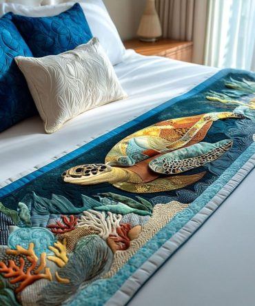 Green Sea Traveler Quilted Bed Runner - Coastal Nautical Bed Scarf With Ocean Teal Motifs, Lightweight Luxury For Beach Homes