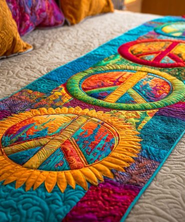 Groovy Bloom Quilted Bed Runner – Retro Floral Accent Scarf For Bed & Bench , Colorful Boho Throw With Soft Quilting