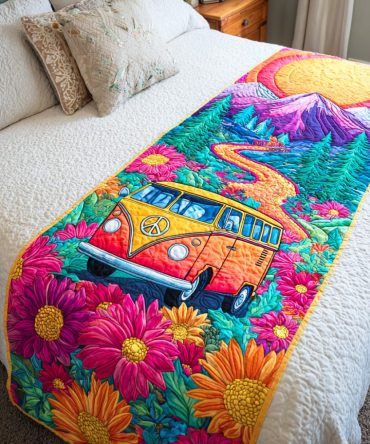 Groovy Truck Trail Quilted Bed Runner – Playful Retro Truck Print Bed Scarf For Kids & Teens , Quilted Accent Throw, Easy Care