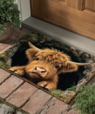Grotto Highland Calf Entrance Rug - Rustic Cove-Themed Coir Doormat With Highland Calf Art, Weatherproof Non-Slip Backing