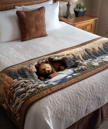 Grove Bear Quilted Bed Runner — Woodland Bear Cotton Throw For Cozy Cabin & Home Decor , Reversible, Soft, Machine-Washable Accent