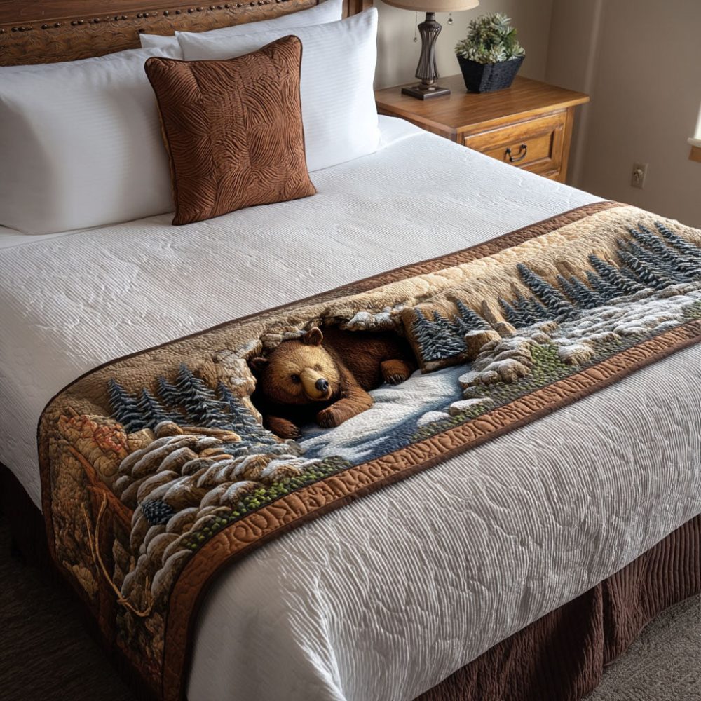 Grove Bear Quilted Bed Runner — Woodland Bear Cotton Throw For Cozy Cabin & Home Decor , Reversible, Soft, Machine-Washable Accent