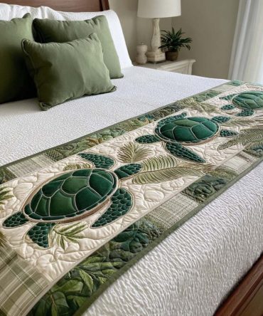 Guardian Reef Quilted Bed Scarf - Ocean-Themed Bed Runner With Coral & Turtle Motif, Coastal Bedroom Accent, Easy Care