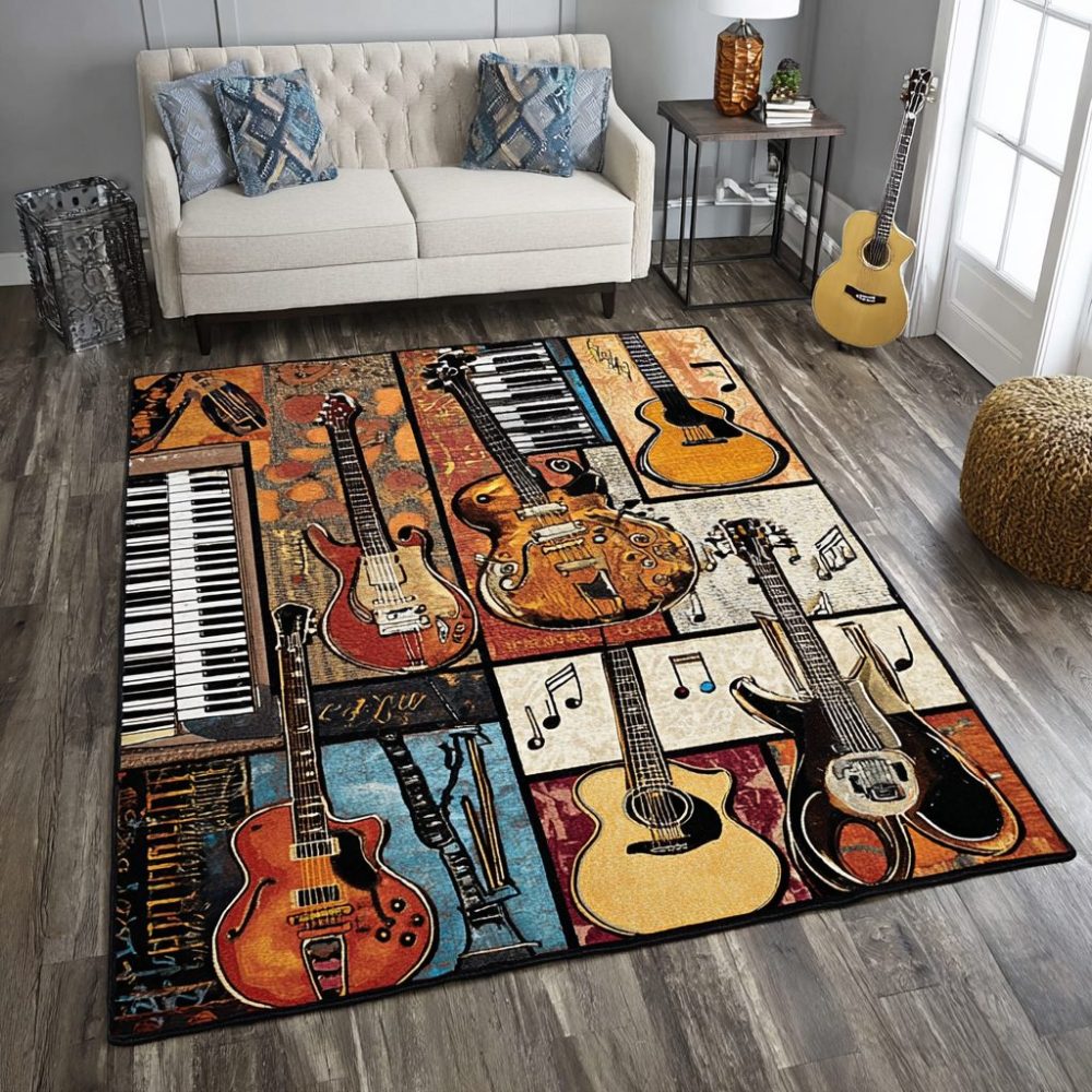 Guitar Echo Acoustic Area Rug - Sound-Inspired Accent Rug With Graphic Guitar Motif, Durable Low-Pile For Living & Music Spaces