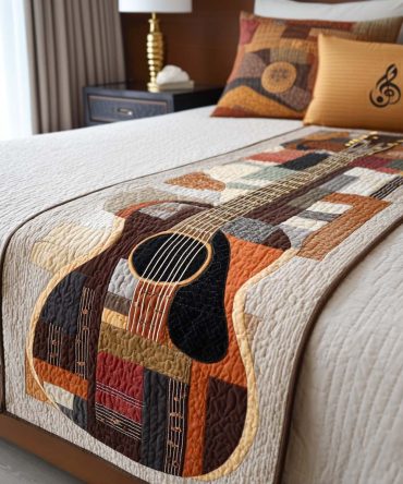 Guitar Glow Quilted Bed Runner — Music-Inspired Accent Runner With Warm Tones, Durable Cotton-Blend Bed Scarf For Eclectic Décor