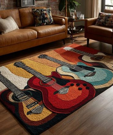 Modern Guitar Spirit Floor Rug - Bold Music-Themed Area Rug For Studio, Bedroom & Living Room, Durable Low-Profile