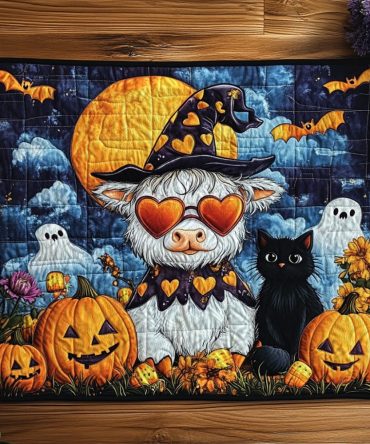 Highland Cow Halloween Quilted Placemat — Playful Farmhouse Cow Motif, Festive Autumn Table Accent, Quilted Cotton Padding, Machine-Washable