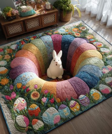 Happy Bunny Hideout Kids Rug - Cute Bunny Playroom Mat, Soft Plush Area Rug For Nursery, Bedroom & Easter Decor, Machine-Washable