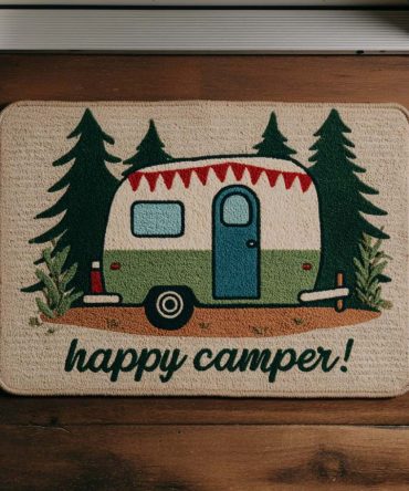 Happy Camper Outdoor Doormat - Retro Camping Welcome Mat With Camper Van & Pine Trees, Durable Coir Entrance Rug For Porch, Indoor/Outdoor