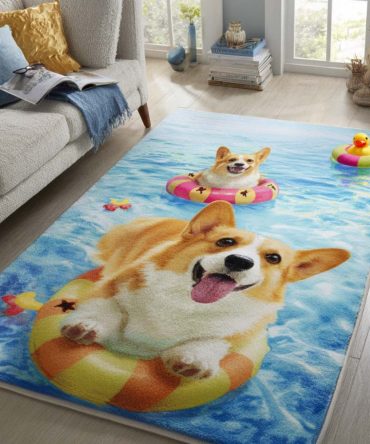 Happy Corgis Playful Area Rug - Adorable Corgi Dog Rug For Living Room, Kids Room & Pet Lovers, Soft Low-Pile, Multiple Sizes