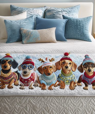 Happy Doxie Quilted Bed Runner — Joyful Dachshund Motif Bed Scarf, Lightweight Quilting, Cute & Cozy Accent For Bedroom Décor
