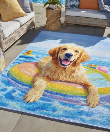 Happy Go Goldie Dog Area Rug - Cheerful Golden Retriever Rug For Living Room, Kids Room & Pet Areas, Soft Low-Pile, Easy Care