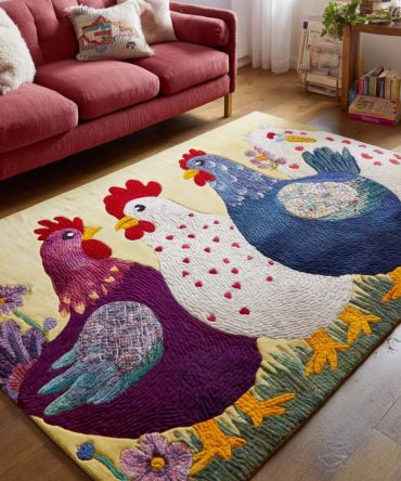Happy Hens Farmhouse Area Rug - Charming Chicken Kitchen Rug For Farmhouse Decor, Durable Low-Pile Mat For Entryway & Kitchen