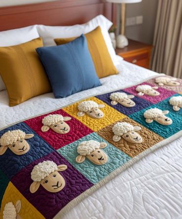 Happy Sheep Quilted Bed Runner — Cheerful Animal Accent For Kids & Guest Rooms, Soft Quilted Decorative Throw For Bed Or Sofa