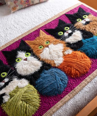 Happy Tail Trail Quilted Bed Runner — Adorable Cat-Themed Decorative Throw For Beds, Lightweight Quilting, Cheerful Accent For Pet Lovers