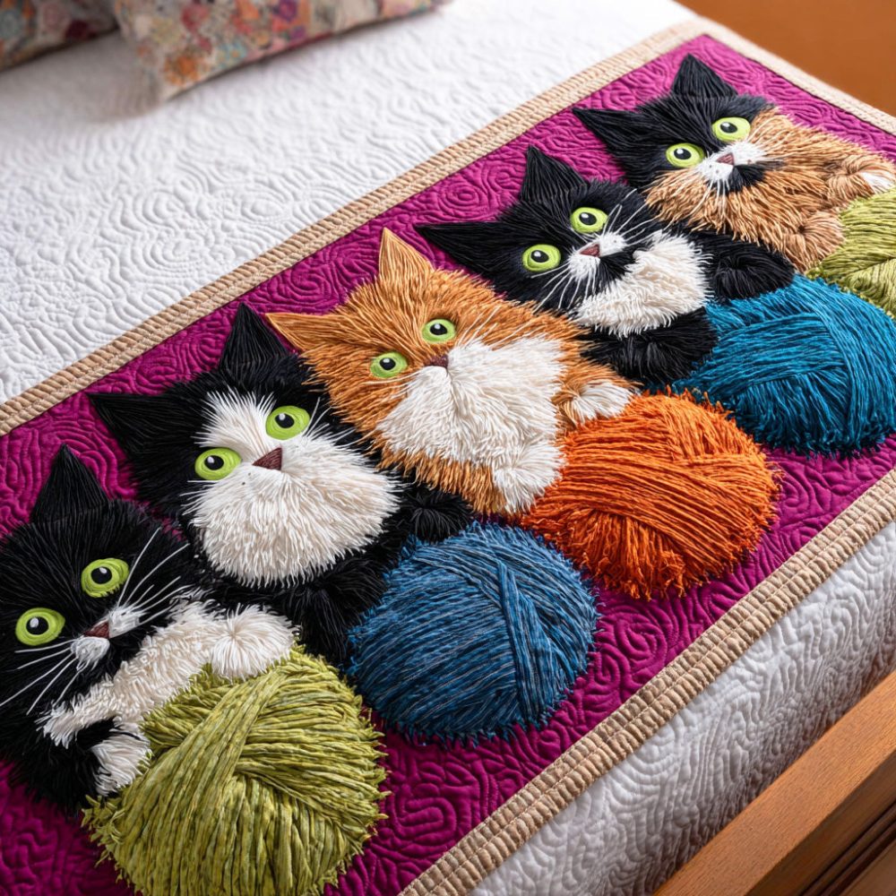 Happy Tail Trail Quilted Bed Runner — Adorable Cat-Themed Decorative Throw For Beds, Lightweight Quilting, Cheerful Accent For Pet Lovers