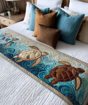 Happy Turtle Bay Quilted Bed Runner — Cheerful Coastal Design With Playful Turtle Prints, Cotton-Blend Comfort, Reversible & Easy Care