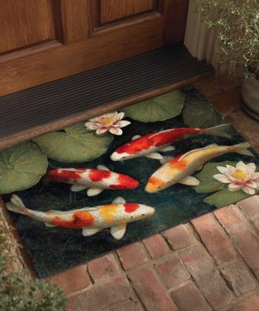 Harmony Koi Coir Welcome Mat - Stylish Outdoor/Indoor Doormat With Koi Fish Artwork, Durable Coconut Fiber Mat For Tranquil Porches