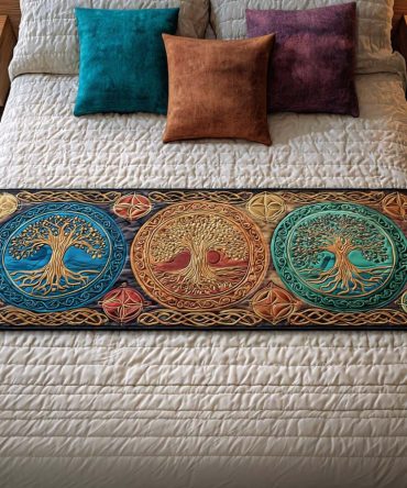 Harmony Trees Serene Quilted Bed Runner — Calming Arboreal Pattern, Soft Cotton-Linen Blend Bed Scarf For Minimalist Modern Bedrooms