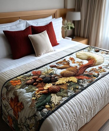 Harvest Day Squirrel Quilted Bed Scarf For Queen & King — Festive Fall Bedding Accent, Warm Colors & Soft Quilting, Easy Care
