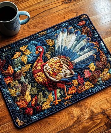 Harvest Feathered Pride Quilted Placemat - Ornate Turkey Motif Autumn Table Mat, Cotton-Blend, Durable & Machine Washable, Thanksgiving