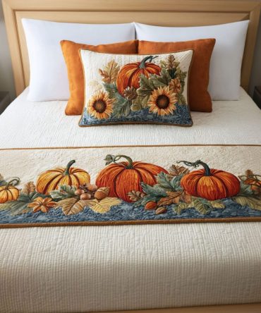 Harvest Hideaway Quilted Bed Runner – Autumn Harvest Bedding Accent, Warm Quilted Scarf For Seasonal Bedroom Styling And Thanksgiving Decor