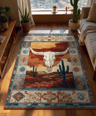 Rustic Longhorn Harvest Area Rug — Western-Inspired Low-Pile Indoor Rug, Durable Cowboy Decor For Living Room & Lodge