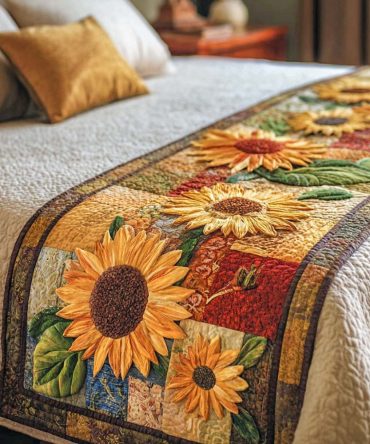 Reversible Sunflower Quilted Bed Runner — Premium Cotton-Blend Decorative Throw For Queen & King Beds, Rustic Harvest Accent