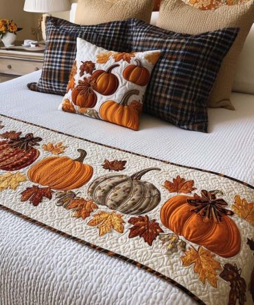 Harvest Pumpkin Lane Quilted Bed Runner - Autumn Farmhouse Bed Scarf With Pumpkin Patch Motif, Cozy Thanksgiving Decor