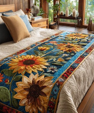 Harvest Sunflower Quilted Bed Runner — Autumn Floral Bed Scarf, Soft Cotton-Blend, Reversible Design For Queen/King Beds