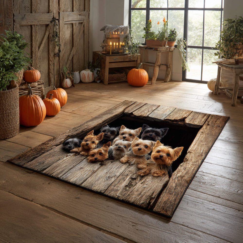 Charming Yorkie Harvest Puppy Area Rug — Cute Dog Print Indoor Accent Rug, Soft Low-Pile Mat Perfect For Bedrooms & Pet Spaces