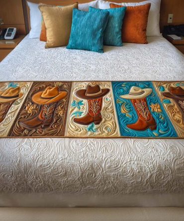 Cowboy Hat & Heart Quilted Bed Scarf For Queen & King — Charming Western Accent, Soft Cotton-Feel, Machine Washable