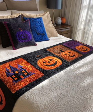 Haunted Moon Quilted Bed Runner - Gothic-Inspired Accent Throw For Bed & Bench , Dark Floral Motif, Soft Cotton, Reversible