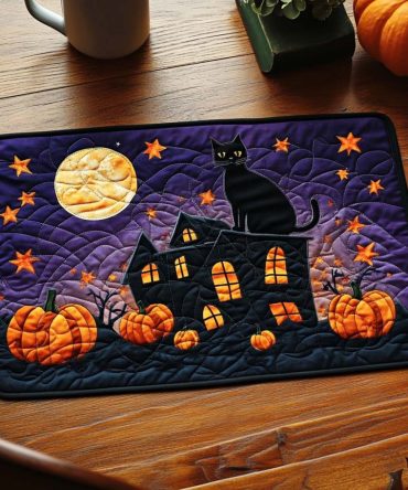 Haunted Night Quilted Placemat — Spooky Halloween Table Mat with Dark Gothic Motifs, Durable Cotton, Heat & Stain Resistant, Machine-Washable for Parties