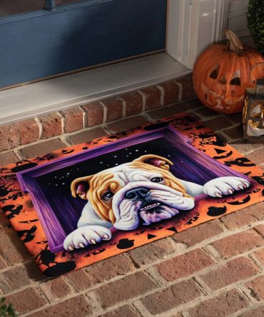 Haunted Pit Bulldog Halloween Welcome Mat — Gothic Bulldog Front Door Doormat, Durable Weather-Resistant Non-Slip Rug For Fall & Halloween Decor