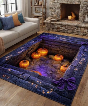 Haunted Pumpkin Pit Halloween Area Rug — Festive Spooky Pumpkin Indoor Rug, Low-Pile Decorative Mat For Entryways & Parties
