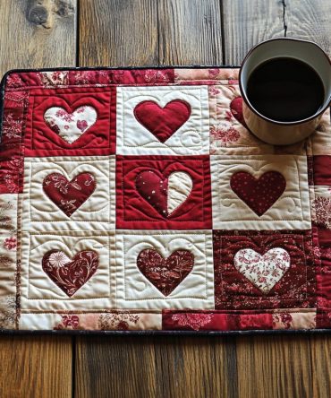 Heart Bloom Quilted Placemat — Romantic Floral Heart Table Accent, Soft Cotton Quilting for Valentine’s or Everyday Use