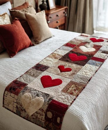 Heart Bloom Quilted Bed Runner — Floral Heart Motif Bedding Accent, Soft Quilted Throw To Enhance Any Bedroom Style