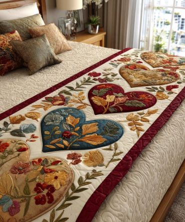 Heart Bloom Quilted Bed Runner — Floral Heart Motif Bed Scarf For Elegant Bedroom Styling, Lightweight & Machine Washable