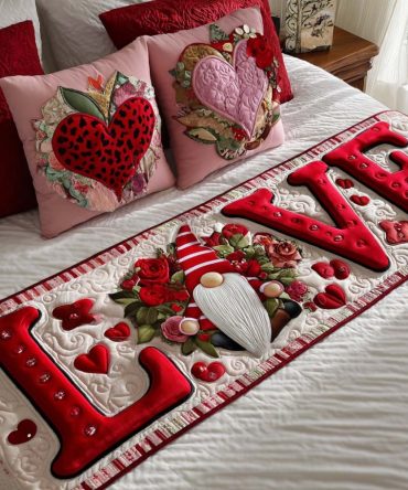 Heart Blooming Quilted Bed Runner — Romantic Heart Design For Bedroom Decor, Soft Texture, Easy-Care Accent
