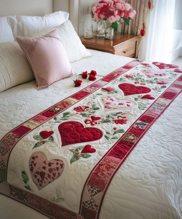 Heart Blossom Quilted Bed Runner — Floral Blossom Heart Bed Scarf For Charming Bedroom Accents, Quilted Layering Piece For Cozy Style