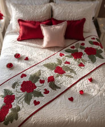 Heart Petals Quilted Bed Runner — Soft Petal Heart Bed Scarf For Delicate Bedroom Styling, Quilted Accent To Enhance Comforter Looks