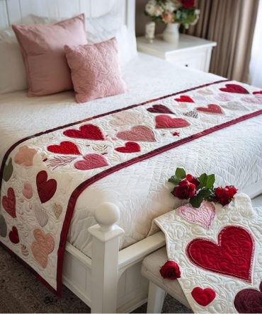 Heart Treasures Quilted Bed Runner — Charming Heart Pattern Accent Scarf For Cozy Bedrooms, Lightweight Padded Runner (Queen/King)