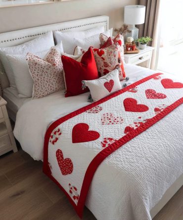 Heart Whisper Quilted Bed Runner — Romantic Bohemian Bed Scarf For Queen & King, Soft Cotton Quilt Accent, Handcrafted Gift-Ready