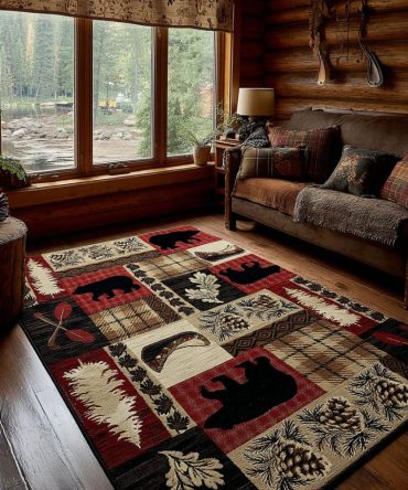 Cozy Hearthside Wilderness Cabin Area Rug — Rustic Forest Indoor Rug, Durable Low-Pile Accent For Living Rooms & Lodges