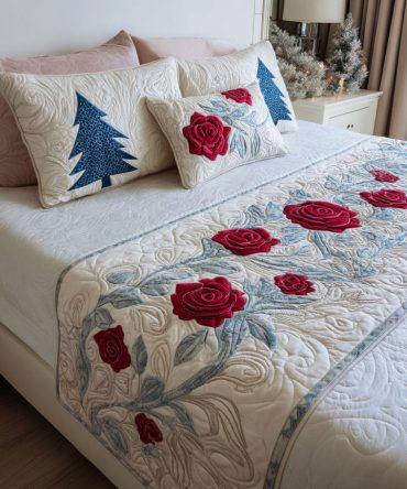 Heartland Roses Quilted Bed Runner — Classic Rose & Heart Bed Scarf For Romantic Cottage Bedding, Quilted Accent To Refresh Bedroom Style