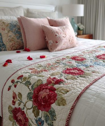 Heartlight Garden Quilted Bed Runner — Charming Botanical Heart Bed Scarf To Brighten Bedrooms, Quilted Accent For Cottage & Farmhouse Styles