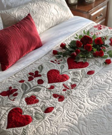 Heirloom Hearts Quilted Bed Runner — Vintage Romantic Accent Scarf With Heart Motif, Soft Quilted Runner For Queen & King Beds